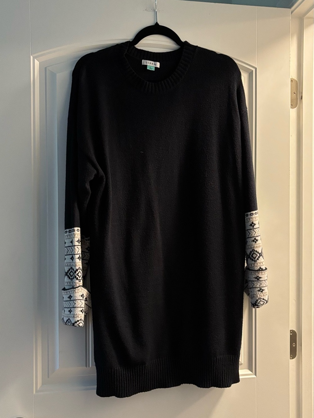Serra Black Long-Sleeve Crewneck Dress with Patterned Gray Cuffs